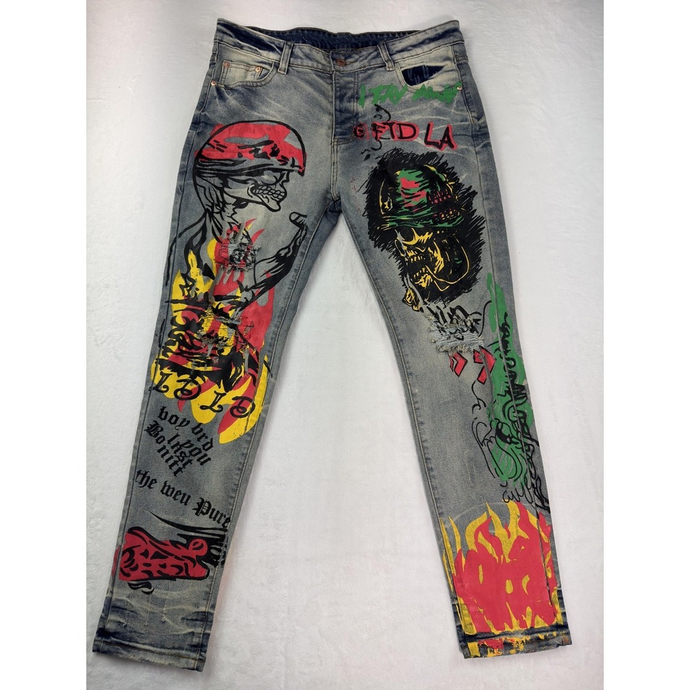 GFTD LA Jeans Mens 34x30 Blue Denim Skinny Fit Horror Skull Graphic Medium Wash